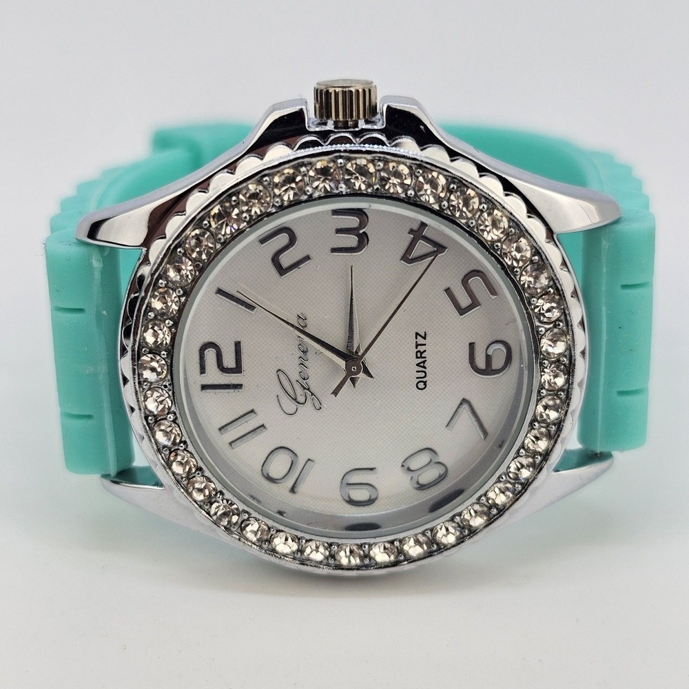 38MM Women's Watch White Dial Rhinestone Bezel Green Plastic Bands New‎ Battery